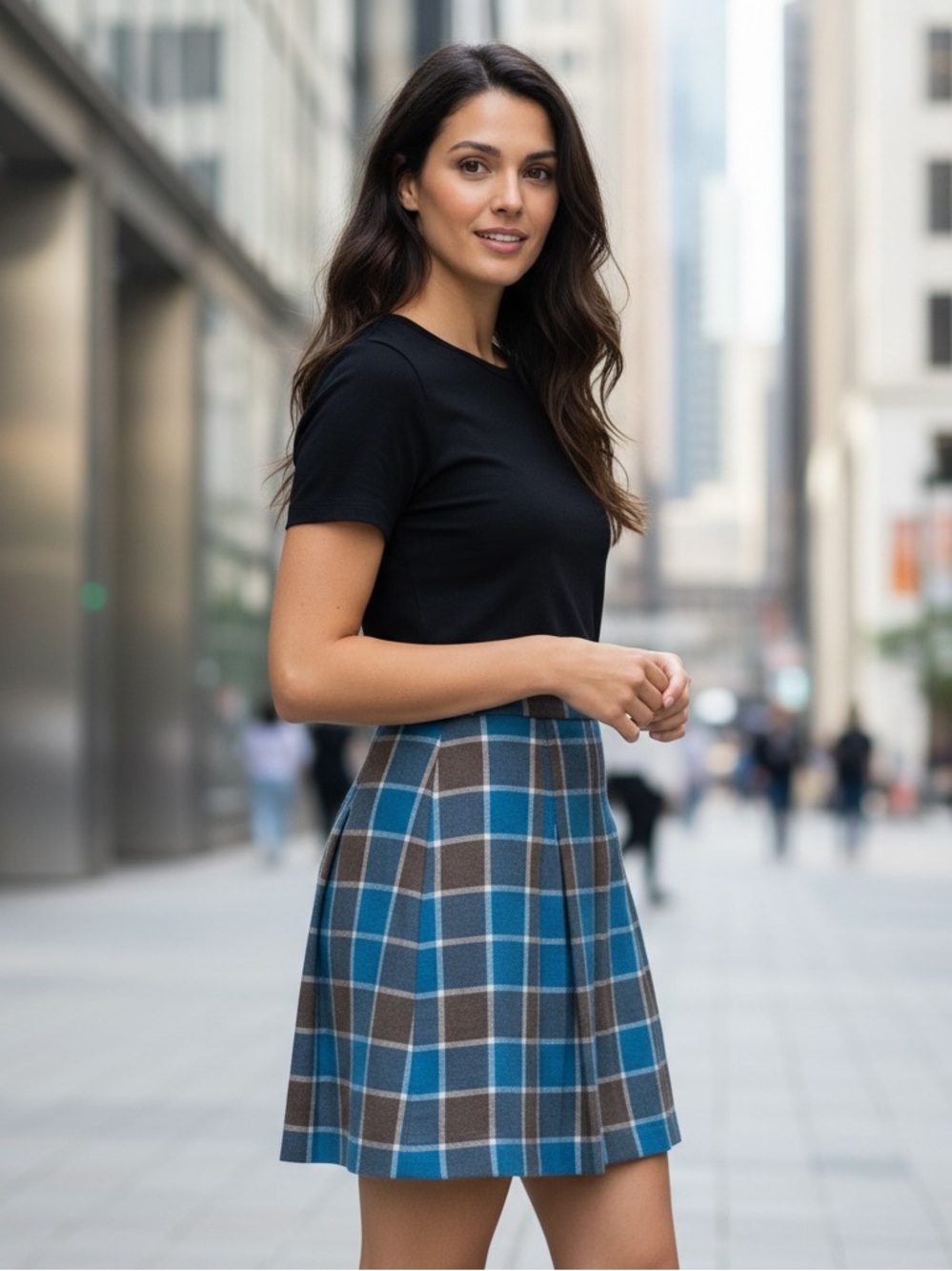 1970's Handmade Plaid Skirt Midi A-Line Pleated Barbiecore Blue and Brown Wool